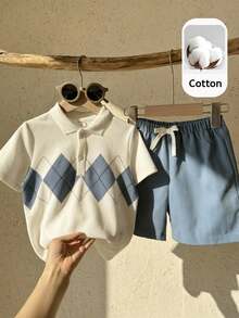 SHEIN LMoss Kids Set de 2 piezas de camiseta y pantalones cortos casuales con patrón geométrico tejido para niño - Multicolor - Ver 3