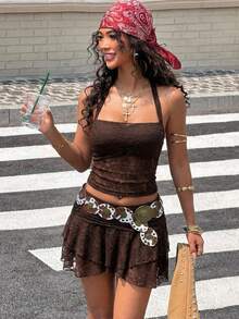 Muchica Conjunto de 2 piezas de color café con cuello de halter de encaje y atar, ajustado y de moda para el verano - Café integral - Ver 1