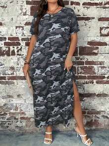 INAWLY 夏季女大碼偽裝印花V領短袖口袋長款休閑裙 - 灰色 - 查看 1