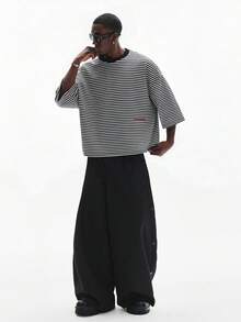 STYNVO Áo thun nam dáng rộng kẻ sọc vai rớt, thích hợp mặc mùa hè. - màu đen - Xem 3