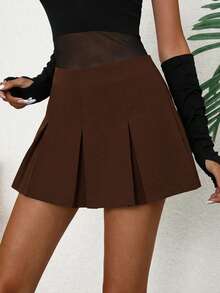 Falda mini plisada con pliegues de un solo color, de uso casual y versátil - Café integral - Ver 6
