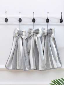 SHEIN 1pccoral Fleece Creative Striped Bow Soft Absorbent Hand Towels With Hanging Loop Dish Cloths Kitchen Towel - Grey - View 3