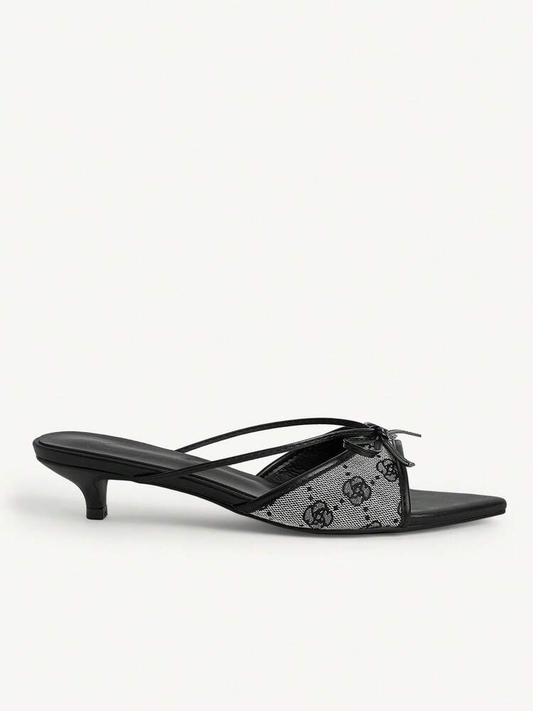 CUCCOO CHICEST Women Black And White Rose Embroidery Stylish Elegant Commuter Bow Decoration Heeled Sandals Summer Shoes - Black and White - View 3