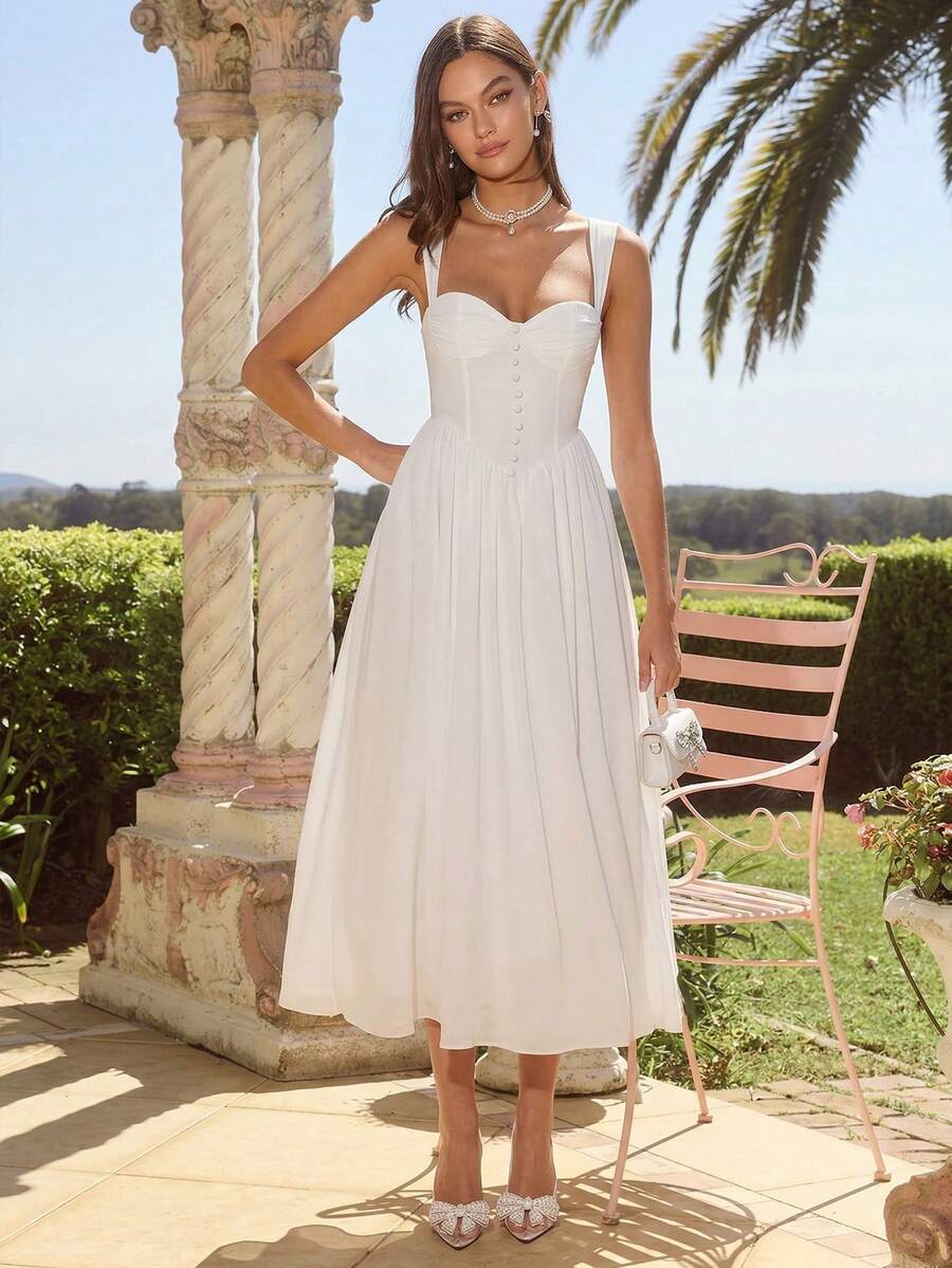 Enchnt 春冬浪漫女式白色甜心优雅无袖公主裙，甜美优雅装扮，适合情人节、圣诞派对、新年、生日、节日、甜蜜约会之夜、鸡尾酒会和舞会，礼服 - 白色 - 查看 1