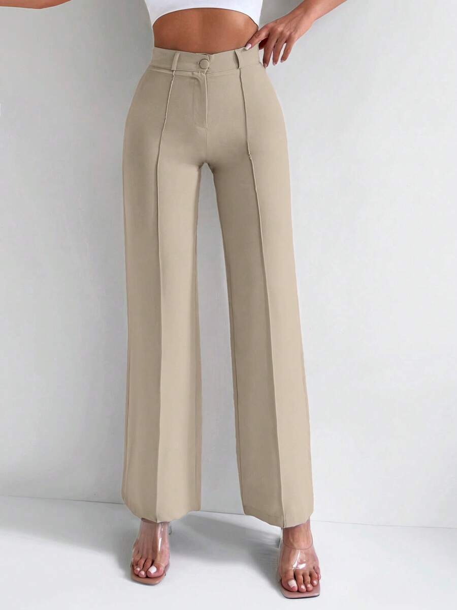 EURMUSE High Waist Seam Detail Straight Leg Suit Pants - Apricot - View 1