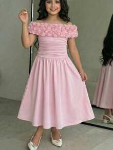 SHEIN 少女时尚优雅露肩短袖连衣裙 - 粉色 - 查看 10