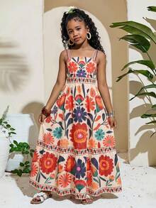 SHEIN Vestido naranja de tirantes finos y corte evasé con estampado floral tropical para niña preadolescente - Naranja Quemada - Ver 3