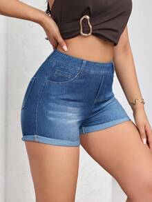 Flexra Quần short denim nữ dáng ôm, co giãn, có túi xéo, kiểu dáng thường ngày, thích hợp cho mùa hè. - Rửa trung bình - Xem 3