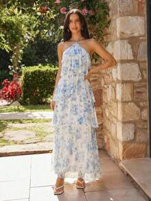 KARISMINA 女士春夏时尚休闲优雅日常浪漫度假柔软多层印花露背蓝色连衣裙，婚礼宾客礼服 - 藍白色 - 查看 5