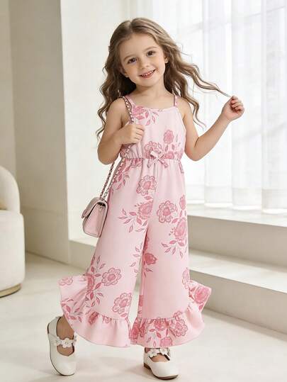 Elladie kids Mono de estilo princesa Mori dulce para niñas pequeñas, para primavera/verano, con estampado floral de teñido anudado en rosa, camisola de punto, mono de pierna ancha con doble volante en el bajo, tela suave y cómoda, adecuado para la escuela, el transporte y el uso diario al aire libre