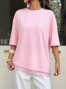 Muchica Light Pink Women's New Lace Trim T-Shirt, Spring/Summer,Summer Top - Baby Pink - View 5