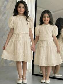 SHEIN Tween Girl Spring/Summer Korean Style Floral Short Sleeve Top With Ruffle Hem Simple Versatile Dress Set, Perfect For Outdoor Activities, Vacation, Friends Tween Girl - Apricot - View 4