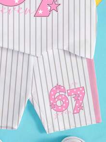 2件套，适合8-12岁女孩，条纹星形67号印花短袖上衣和短裤套装，运动甜美风格，活力四射，适合日常、上学、运动和夏季穿着。 - 彩色 - 查看 7