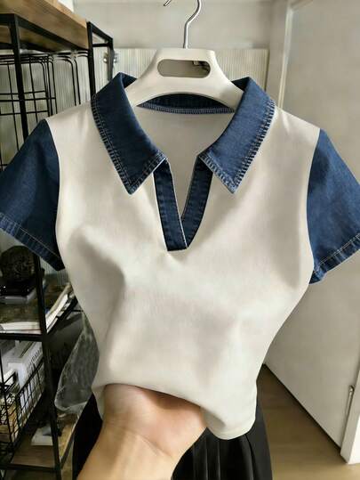 Resyla Camiseta de mujer casual y versátil con cuello polo y mangas cortas en bloques de color, regalo para ella / regalo de vacaciones