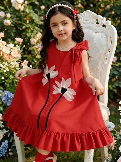 Elladie kids 女童无袖圆领连衣裙，正面饰有3D立体花朵，搭配同色系蝴蝶结领口和荷叶边下摆，优雅温柔的风格，适合生日派对、宴会、晚宴等场合。