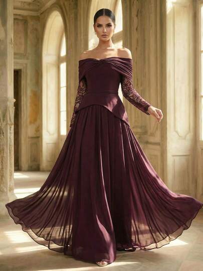 Aureia Elegant, Glamorous, And Stylish, This Ankera Red Lace Knit Chiffon Off-The-Shoulder Gown Features Long, Sheer Sleeves, A Bow Detail, A Faux Two-Piece Design, A Super-Large A-Line Silhouette, And A Train. Suitable For All Formal Occasions, Including Weddings, Dates, Parties, And Elaborate Evening Gowns.