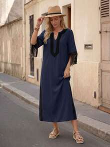 EMERY ROSE Đầm nữ dáng lửng cổ chữ V phối màu tương phản có tua rua - Màu xanh hải quân - Xem 6