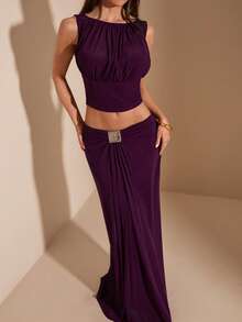 SHEIN BAE Conjunto de 2 piezas elegante con hebilla de metal morada, conjunto de 2 piezas para vacaciones, conjunto de 2 piezas para días festivos, primavera/verano - Morado - Ver 6