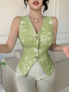 Celisse New Fashionable Elegant Fitted Sleeveless V-Neck Embroidery Design Women Blouse - Green - View 4
