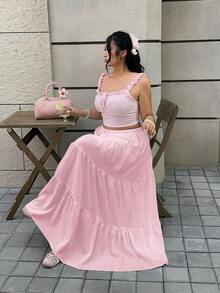GalTyme Váy xếp tầng màu hồng nhạt dáng rộng dành cho nữ cỡ lớn - Màu Hồng baby - Xem 5