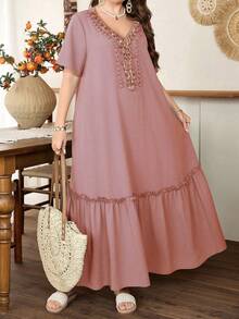 Lacomfia Women's Shell Tassel Decor Short Sleeve Loose Ruffle Hem Elegant Plus Size Dress - Pink - View 3