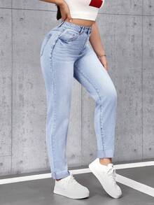 SHEIN Tall Quần jean skinny nữ thời trang đã qua xử lý - Màu xanh lam - Xem 4