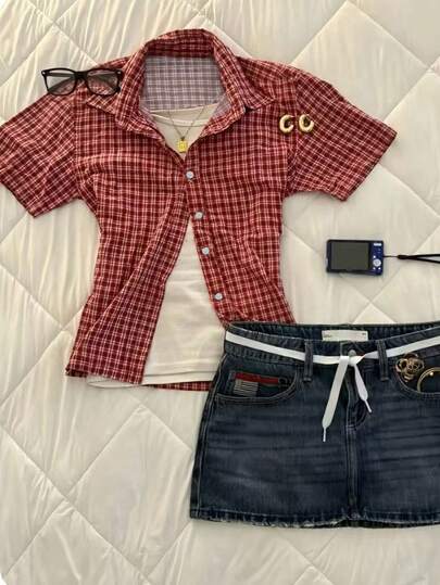 Glimmora Women's Plaid Short Sleeve Button Front Casual Summer Fashion Shirt