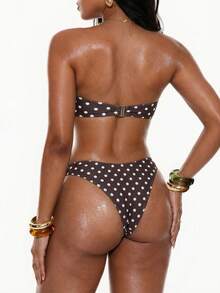 Bellisia 女士夏季沙滩波点印花抹胸性感比基尼泳衣套装 - 棕色 - 查看 6