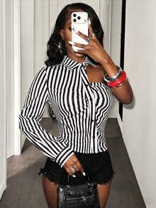 Glyssa Women's Casual Pleated Asymmetric Faux Pocket Turndown Collar One Shoulder Striped Shirt - Black and White - View 1
