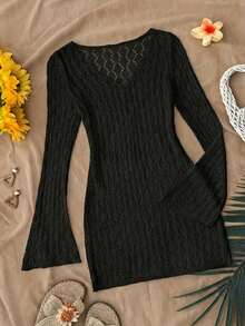 SHEIN Tween Girl Solid Color Hollow Out Bell Sleeve Cover-Up Dress - Black - View 2