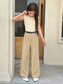 Firerie Kids Firerie Kids 少女纯色圆领褶皱阔腿休闲无袖连体裤 - 杏色 - 查看 3