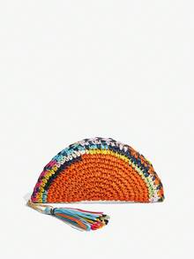 SHECARRY 女士手拿包，草编包，彩色流苏，时尚，优雅，简约，个性化，百搭，适合海滩、度假、假日、夏季、海边 - 橘色 - 查看 2