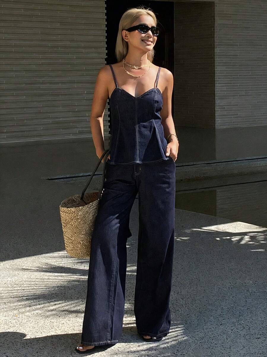 DAZY 女士度假吊带背心和阔腿牛仔裤休闲套装 - 藍色 - 查看 1
