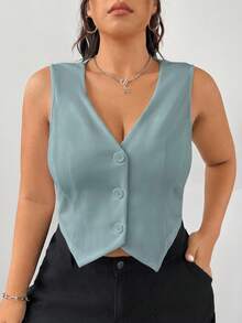 SHEIN EZwear Plus Size Black Simple Fitted Dress Vest, Formal Business Attire Graduation,Back To School,Teacher Outfits For Women In Fall/Winter - Mint Green - View 3
