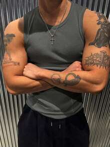 Manfinity Dauomo 男士休闲日常通勤简约纯色修身背心，夏季 - 灰色 - 查看 4