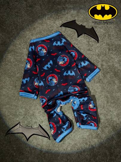 Batman X PETSIN 1件红色蝙蝠字母印花宠物连体衣，撞色春秋季透气宠物连体衣