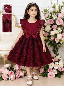 Glamorique Kids 春夏新款女童高端优雅连衣裙，酒红色纯色提花面料半裙，酒红色上衣饰以白色珍珠，无袖圆领收腰设计，适合女孩穿着，尽显高端优雅气质，适合日常、上学、外出、度假、派对、新年等场合，是优雅假日的理想之选。 - 酒紅色 - 查看 12