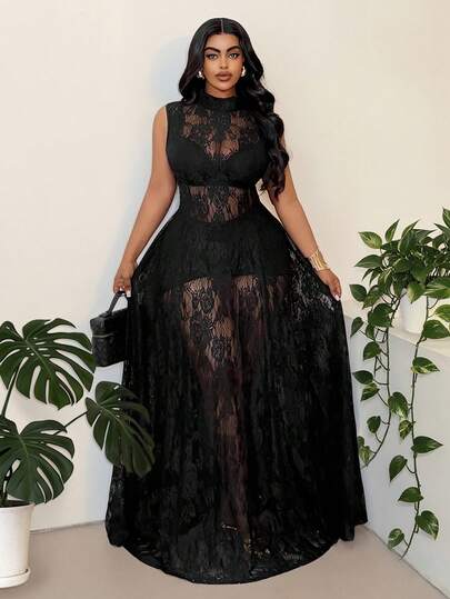 Maweii Plus Size Women's Black Sleeveless High Neck Full Lace Dress