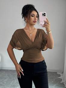 Elenzga Women's Spring/Summer Mesh Elastic Knit Lining Elegant Vacation Beach Outfit, Commute Casual French Romantic Crossover Shirred, Gathered Shoulder Sleeve, Waist Ruched, Adjustable Hem Ruffle T-Shirt Top - Brown - View 8