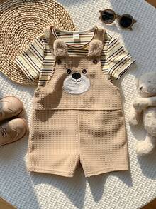 SHEIN 2件套男婴/女婴/男女通用休闲可爱条纹T恤和熊形吊带裤套装，夏季 - 彩色 - 查看 8