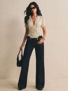 Poéselle 女士纯色腰带纽扣设计衬衫 - 淡黃色 - 查看 5