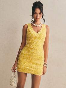 Poéselle Đầm ngắn không tay cổ chữ V buộc dây hở lưng màu trơn dành cho nữ - Màu vàng - Xem 7
