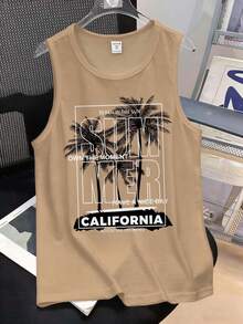 Tween Boys' Casual Minimalist Round Neck Tank Top, Classic Palm Tree Print, Suitable For Summer, Beach, Vacation - Camel - View 2