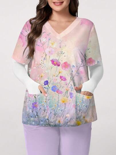 PopScrub Floral Print V-Neck Short Sleeve Pocket Ear Loop Split Design Plus Size Scrub Top, Spring/Summer Nurse/Healthcare Scrub Uniform Top, Floral Pattern Pink Blouse