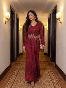 SHEIN Lady Wine Red V-Neck Sequin Patchwork Twist Front Fitted Elegant Long Sleeve Dress Weddings & Events Wedding Luxury Evening Dresses For Weddings Graduation Ceremony Party Graduation Dress Elegant Dresses Red Dress Red Dress For Women Sequin Spring Summer Red - Burgundy - View 3