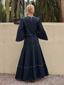 DAZY Bộ áo len chui đầu và chân váy denim dành cho nữ, thích hợp cho mùa xuân/hè. - Màu xanh lam - Xem 2