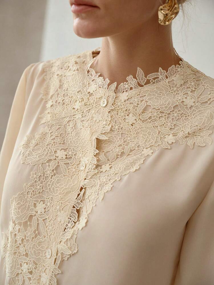 WOMEN'S ELEGANT LACE TRIM LONG SLEEVE BLOUSE