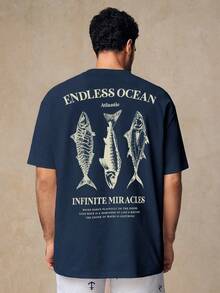 Manfinity VCAY HIMLAND Men's Casual Fish Graphic Print Loose Drop Shoulder Crew Neck Short Sleeve T-Shirt, Suitable For Everyday Wear Design T-Shirt Fishing T-Shirt Fish T-Shirt Graphic Tees For Men Mens T-Shirt - Blue - View 5
