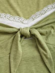 Sweetra Áo thun nữ phong cách Bohemian màu nâu, cổ bẻ, tay bồng, buộc dây, kiểu dáng thường ngày, cổ điển, thích hợp cho mùa xuân/hè. - màu xanh lá - Xem 5