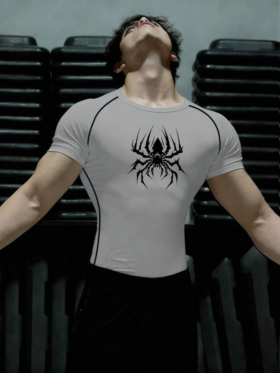 GymBeat Men's Spider Print Raglan Short Sleeve Sports T-Shirt - Black - View 1